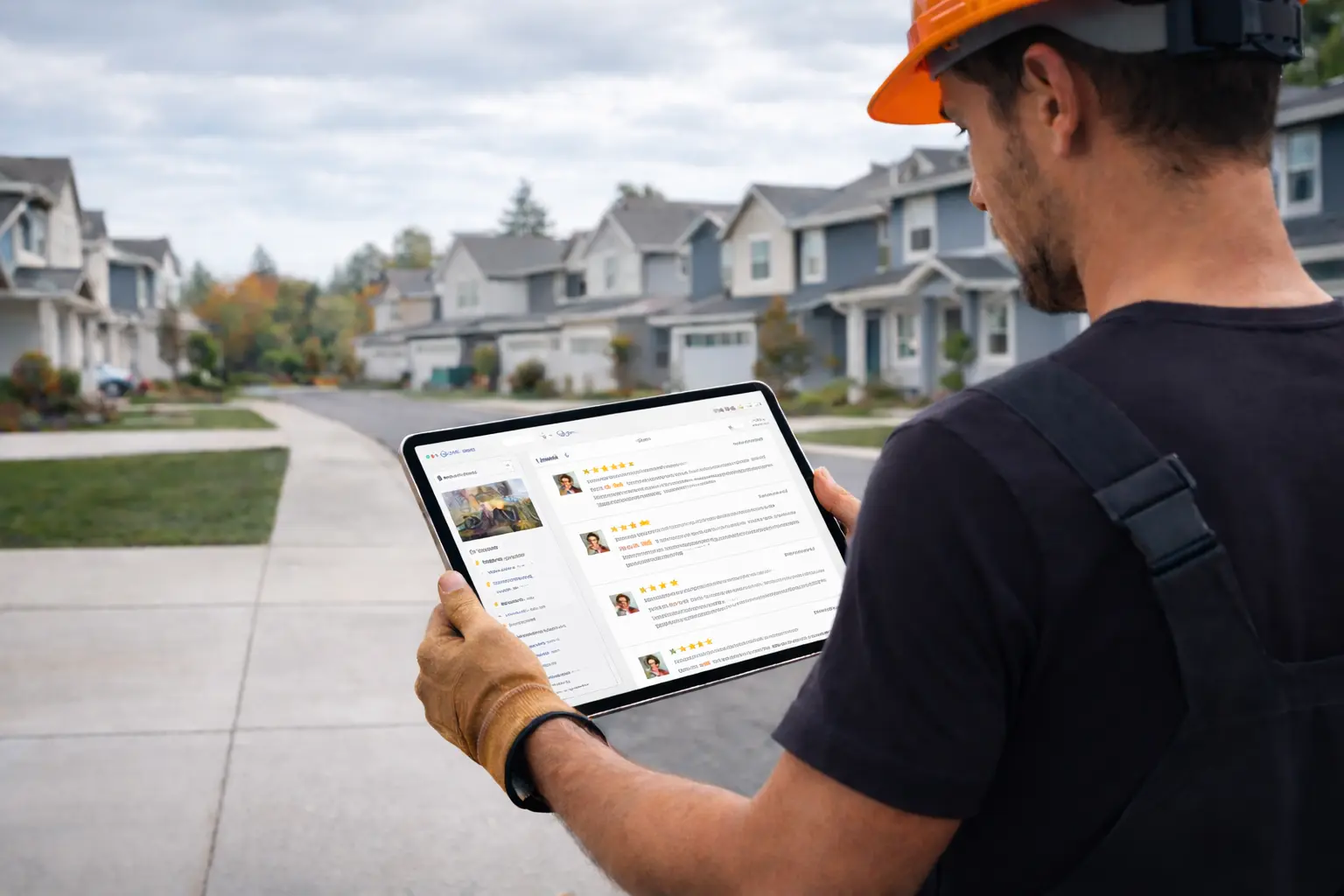 Local business owner in Everett WA reviewing Google customer reviews and star ratings on an iPad outside a job site