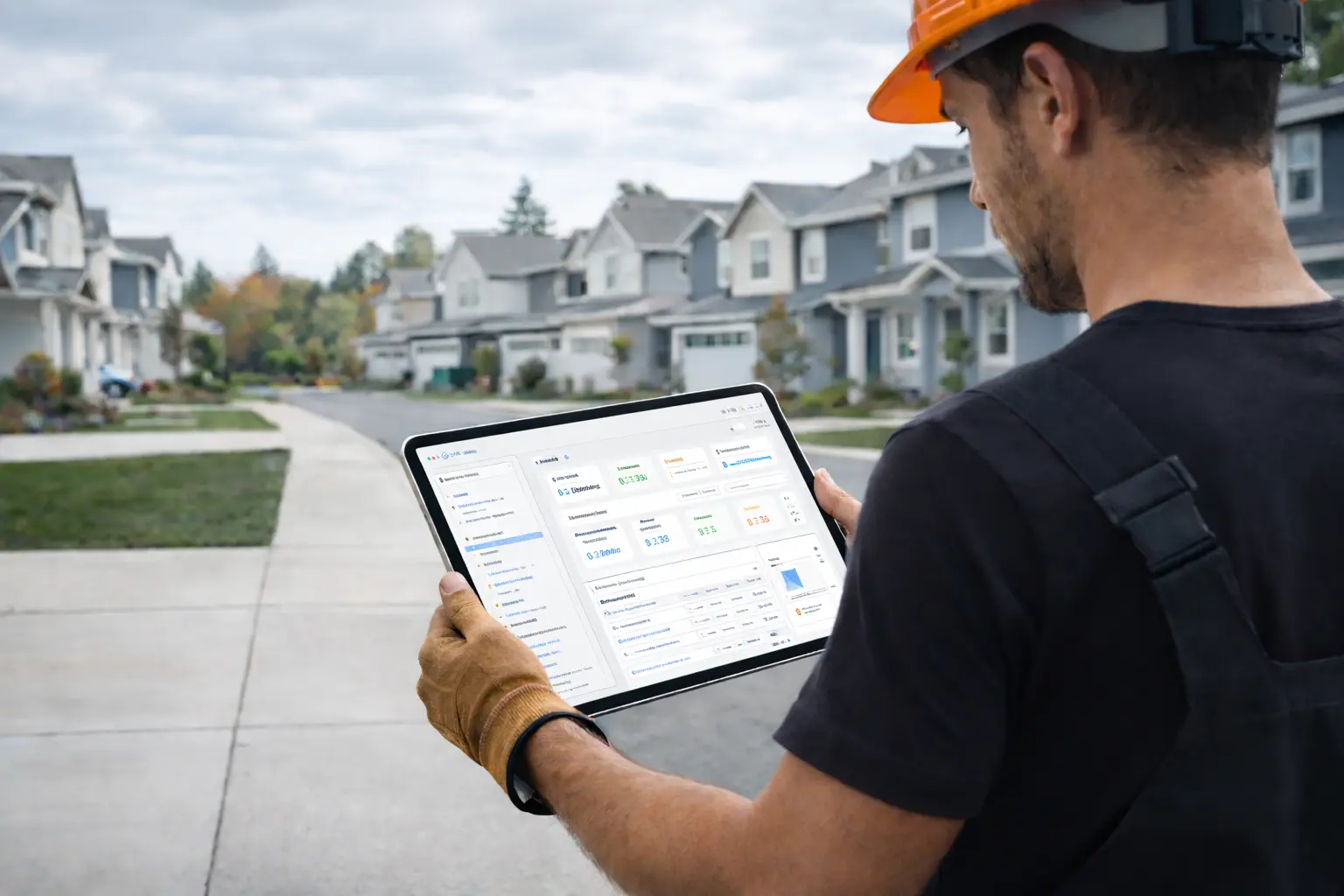Contractor in Everett WA reviewing ongoing website and SEO performance on an iPad outside a residential job site
